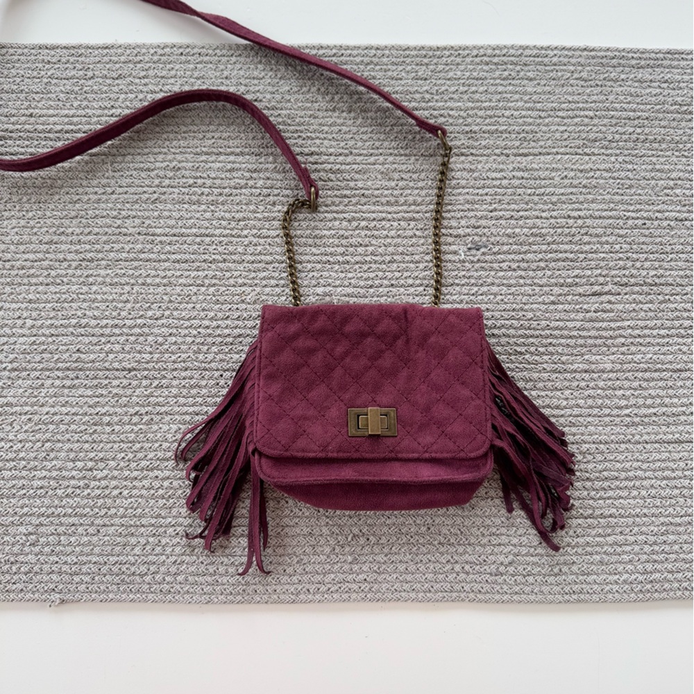 Art Class Burgundy Quilted Faux Suede Fringe Mini Bag Purse Crossbody